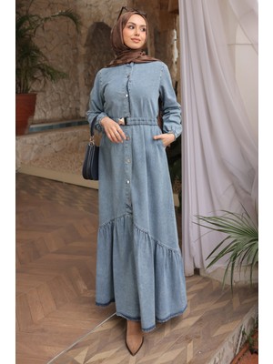 İmaj Butik Mavi Düğmeli Lastik Kemerli Kot Elbise