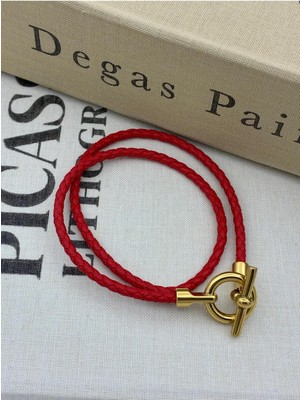 Hedef Bujiteri Bordo Renk Gold Yuvarlak Detaylı Çift Sıra Ip Örgü Detay Bileklik