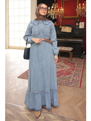 İmaj Butik Mavi Yaka Taşlı Yarım Fermuarlı Kemerli Kot Elbise