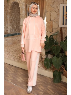 İmaj Butik Pembe Kapüşonlu Renk Bloklu Tunik Pantolonlu Takım