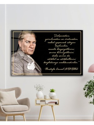 idealizbiz Atatürk Cam Tablo "çalışmadan, Yorulmadan ve Üretmeden" Modern Ev Ofis Salon Kurum Hediyelik Tablo