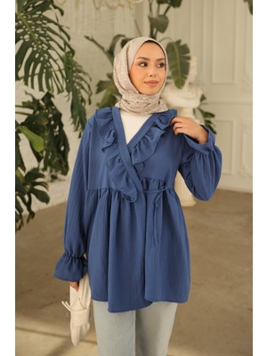 İmaj Butik Lacivert Yaka Fırfırlı Yan Bağlamalı Kol Lastikli Tunik