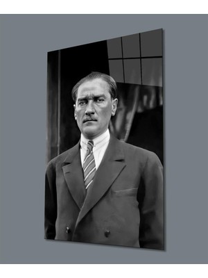 idealizbiz Atatürk Portre Siyah Beyaz Cam Tablo Hediyelik Büyük Tablo Ev Ofis Dekoru
