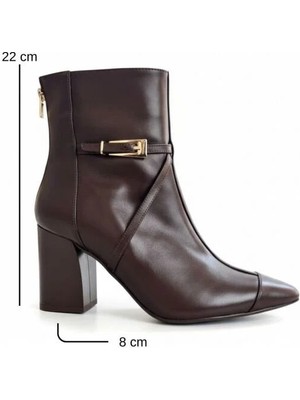 Ne&Ve Shoes Kahve Deri Arkadan Fermuarlı Gold Aksesuarlı Kadın Sivri Burunlu Kalın Topuklu Bot