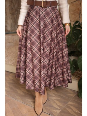 İmaj Butik Kahverengi Kemerli Ekose Kloş Etek