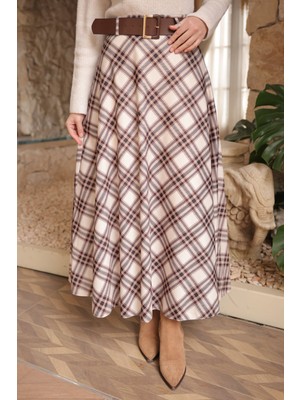 İmaj Butik Krem Kemerli Ekose Kloş Etek