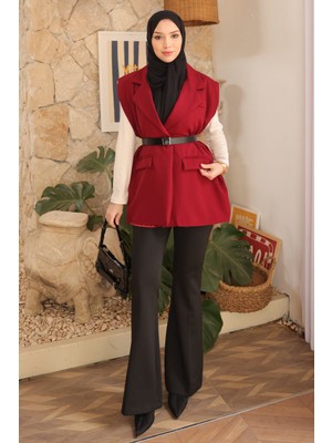 İmaj Butik Bordo Omuzu Dik Vatkalı Kemerli Astarlı Yelek
