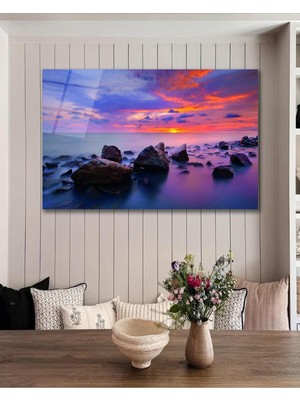idealizbiz Gün Batımı Deniz Cam Tablo, Ev Ofis Salon Hediyelik Duvar Dekoru