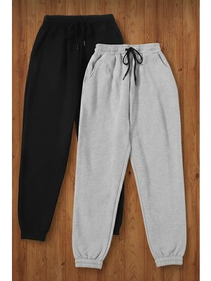 İmaj Butik Gri -  Siyah 2'li Paket Üç Iplik Şardonlu Eşofman Altı