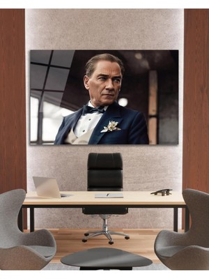 idealizbiz Atatürk Cam Tablo Yapay Zeka Modern Ev Ofis Salon Kurum Hediyelik Tablo