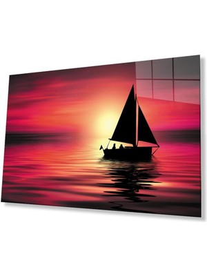 idealizbiz Denizde Gün Batımı Cam Tablo 4mm Dayanıklı Temperli Cam Sunset At Sea Glass Wall Art