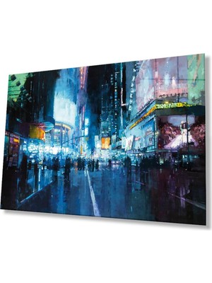 idealizbiz Gece Şehir Cam Tablo 4mm Dayanıklı Temperli Cam, City Night Glass Wall Decor