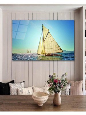 idealizbiz Tekne Deniz Manzara Cam Tablo Modern Ev Ofis Salon Hediyelik Büyük Tablo Duvar Dekoru
