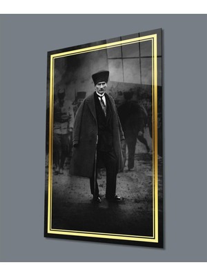 idealizbiz Atatürk Portre Siyah Beyaz Dikey Cam Tablo Hediyelik Büyük Tablo Ev Ofis Dekoru