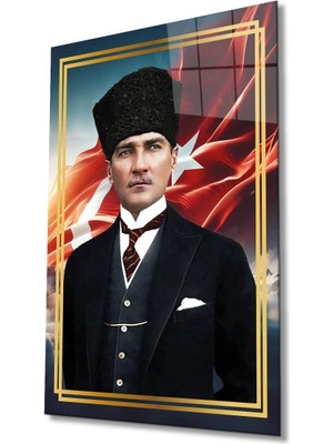 idealizbiz Atatürk Portre ve Türk Bayrağı Cam Tablo Modern Ev Ofis Salon Hediyelik Büyük Tablo Duvar Dekoru
