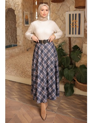 İmaj Butik Lacivert Kemerli Ekose Kloş Etek