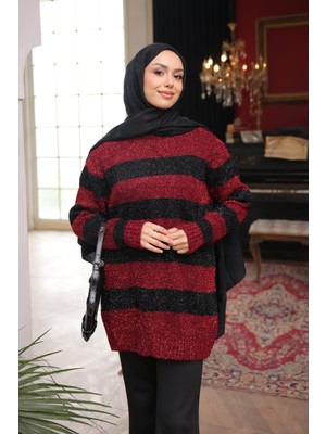 İmaj Butik Kırmızı Simli Çizgili Triko Kazak