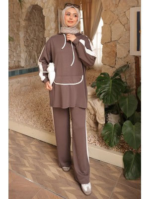 İmaj Butik Koyuv Vizon Kapüşonlu Renk Bloklu Tunik Pantolonlu Takım