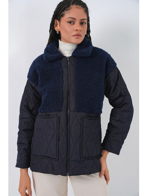 Bigdart 5182 Peluş Detaylı Oversize Şişme Mont - Lacivert