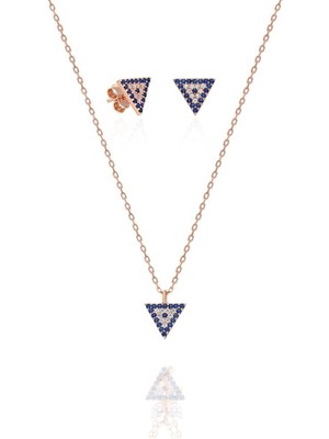 Nereze 925 Ayar Gümüş Minik Üçgen Nazar Küpe ve Nazar Kolye Set