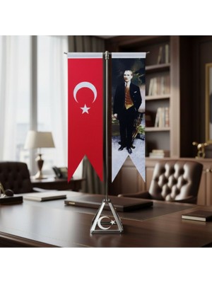 Uretti - Ahmet 9651 8078 Masaüstü Atatürk Baskılı Ikili Bayrak Standı / 8 x 30 cm