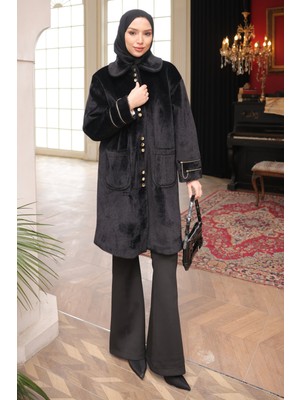 İmaj Butik Siyah Cepli Düğmeli Angora Kaban