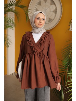 İmaj Butik Kahverengi Yaka Fırfırlı Yan Bağlamalı Kol Lastikli Tunik