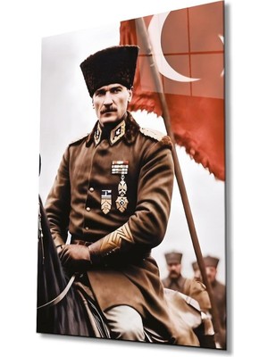 idealizbiz Atatürk Portre ve Türk Bayrağı Cam Tablo Modern Ev Ofis Salon Hediyelik Büyük Tablo Duvar Dekoru