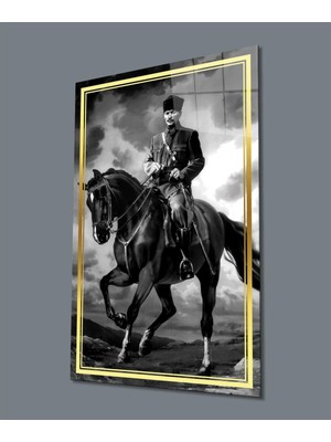 idealizbiz Atatürk At Üstünde Siyah Beyaz Cam Tablo Hediyelik Büyük Tablo Ev Ofis Dekoru