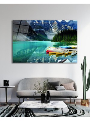 idealizbiz Dağ Göl Manzara Cam Tablo, Ev Ofis Salon Hediyelik Duvar Dekoru