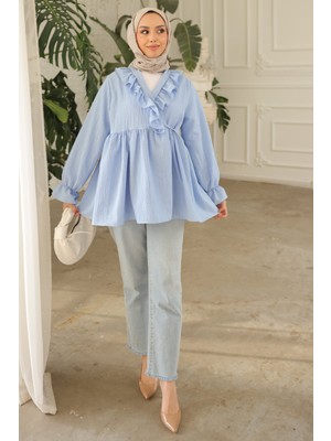 İmaj Butik Bebe Mavi Yaka Fırfırlı Yan Bağlamalı Kol Lastikli Tunik