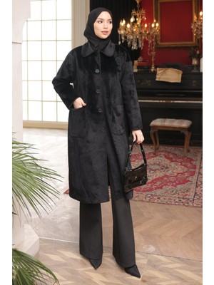 İmaj Butik Siyah Cepli Düğmeli Angora Kaşe Kaban
