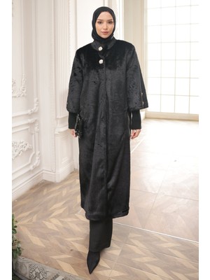 İmaj Butik Siyah Kol Lastikli Angora Kaban