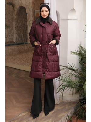 İmaj Butik Bordo Kadife Garnili Cepli Şişme Mont