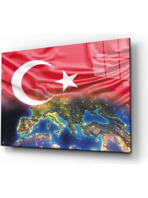 idealizbiz Türk Bayrağı ve Dünya Haritası Cam Tablo