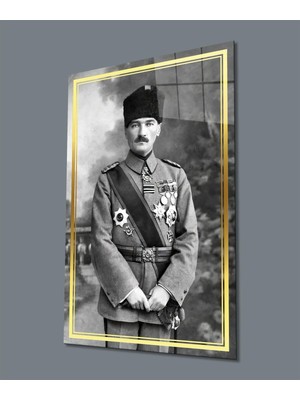 idealizbiz Atatürk Üniformalı Siyah Beyaz Cam Tablo Hediyelik Büyük Tablo Ev Ofis Dekoru