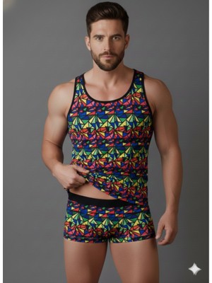 Moda Şahsenem Erkek Renkli Tank Top Boxer Takımı