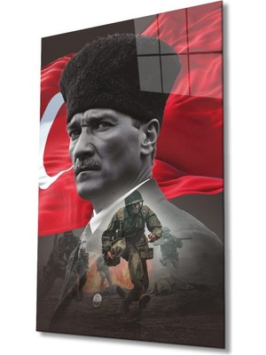 idealizbiz Atatürk Portre ve Türk Bayrağı Cam Tablo Modern Ev Ofis Salon Hediyelik Büyük Tablo Duvar Dekoru