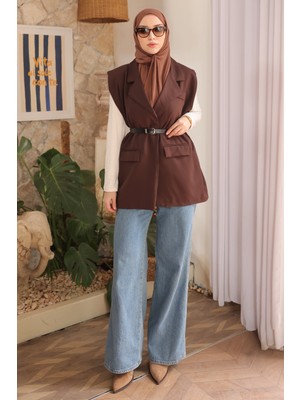 İmaj Butik Kahverengi Kadın Yelek Kemerli Omuzu Dik Vatkalı Polyester Kumaş Sezon Trendi