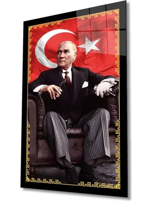 idealizbiz Atatürk Portre ve Türk Bayrağı Cam Tablo Modern Ev Ofis Salon Hediyelik Büyük Tablo Duvar Dekoru