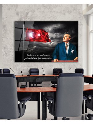 idealizbiz Türk Bayrağı ve Atatürk Cam Tablo Vatanını En Çok Seven Modern Ev Ofis Salon Kurum Hediyelik Tablo