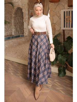 İmaj Butik Vizon Lacivert Kemerli Ekose Kloş Etek