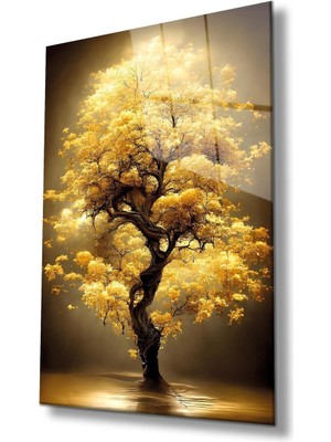 idealizbiz Sarı Yapraklı Ağaç Cam Tablo Modern Ev Ofis Salon Hediyelik Büyük Tablo Duvar Dekoru