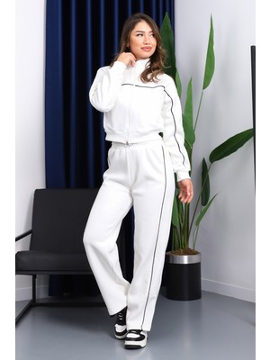 İmaj Butik Ekru Üç Iplik Sweat Hırka Pantolonlu Takım