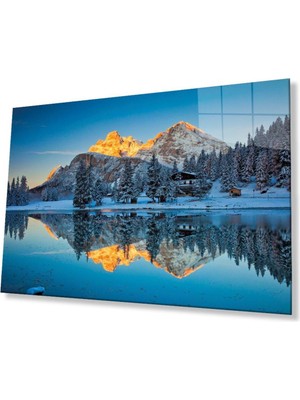 idealizbiz Dağ Yansıma Manzara Cam Tablo 4mm Dayanıklı Temperli Cam Mountain Reflection Landscape Glass Table