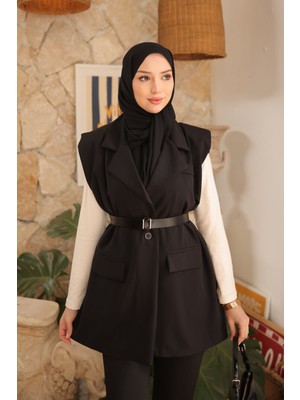 İmaj Butik Siyah Omuzu Dik Vatkalı Kemerli Astarlı Yelek