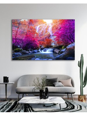 idealizbiz Şelale Ağaçlar Manzara Cam Tablo Modern Ev Ofis Salon Hediyelik Büyük Tablo Duvar Dekoru