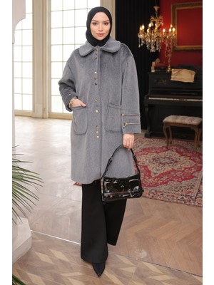 İmaj Butik Füme Cepli Düğmeli Angora Kaban