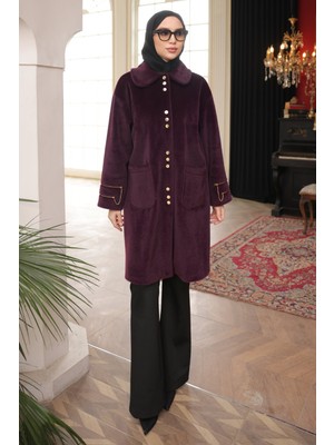 İmaj Butik Mürdüm Cepli Düğmeli Angora Kaban