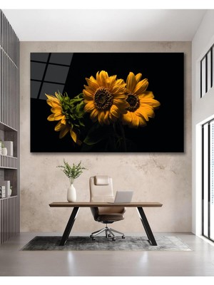 idealizbiz Ay Çiçeği Cam Tablo, Ev Ofis Salon Hediyelik Duvar Dekoru